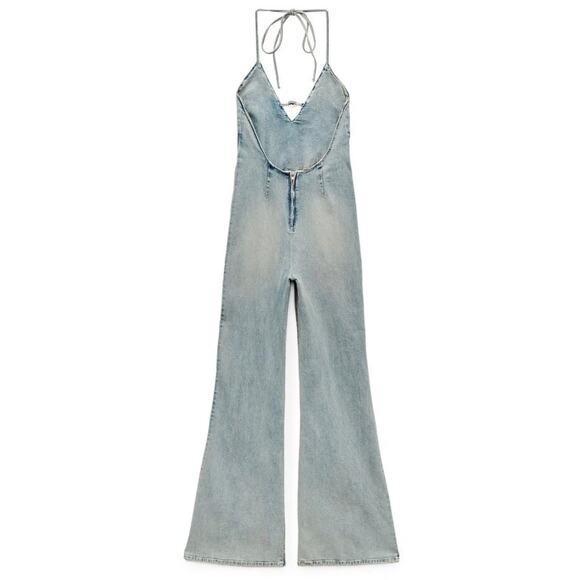 Zara Barbie Denim Jumpsuit | Light Wash Flared Leg Halter | Y2k Cowgirl | Small - Picture 2 of 8